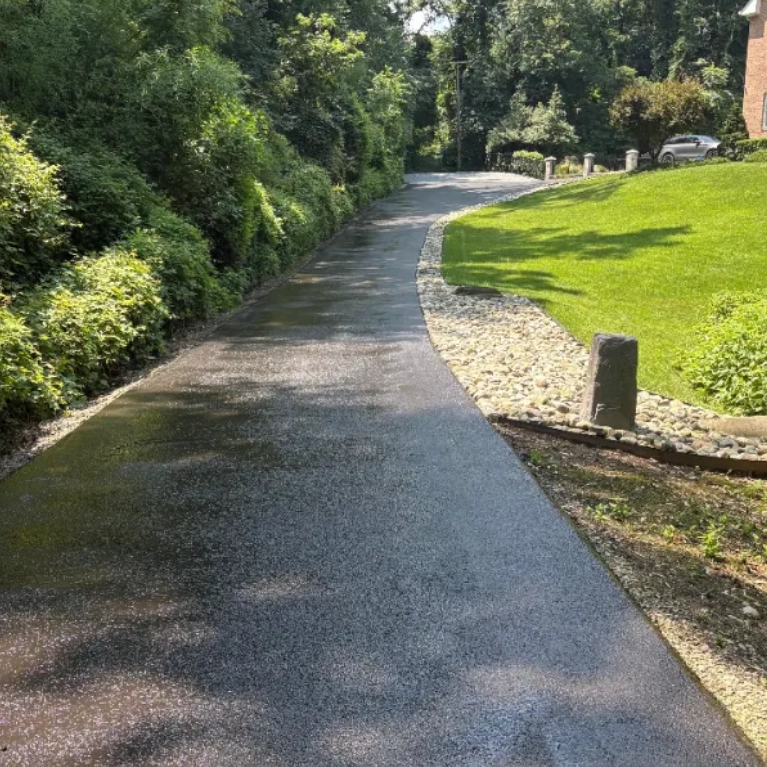A recently sealed residential asphalt driveway winds between a lawn and a tree line.