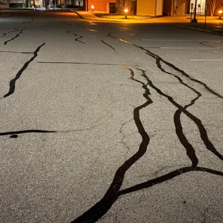 A cracked asphalt parking lot at night with dark crack sealant applied to the fissures.